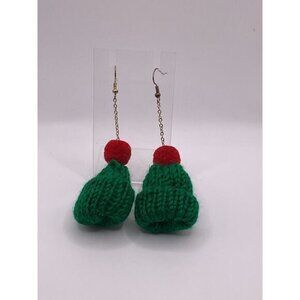 Green & Red Knit Beanie Christmas Earrings Festive Jewelry